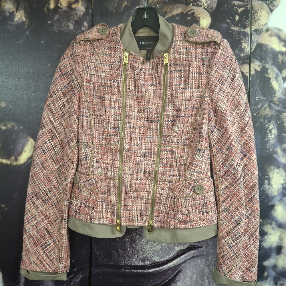 BcBG Maxazaria size XXS color pink, white, navy, black tweed jacket
